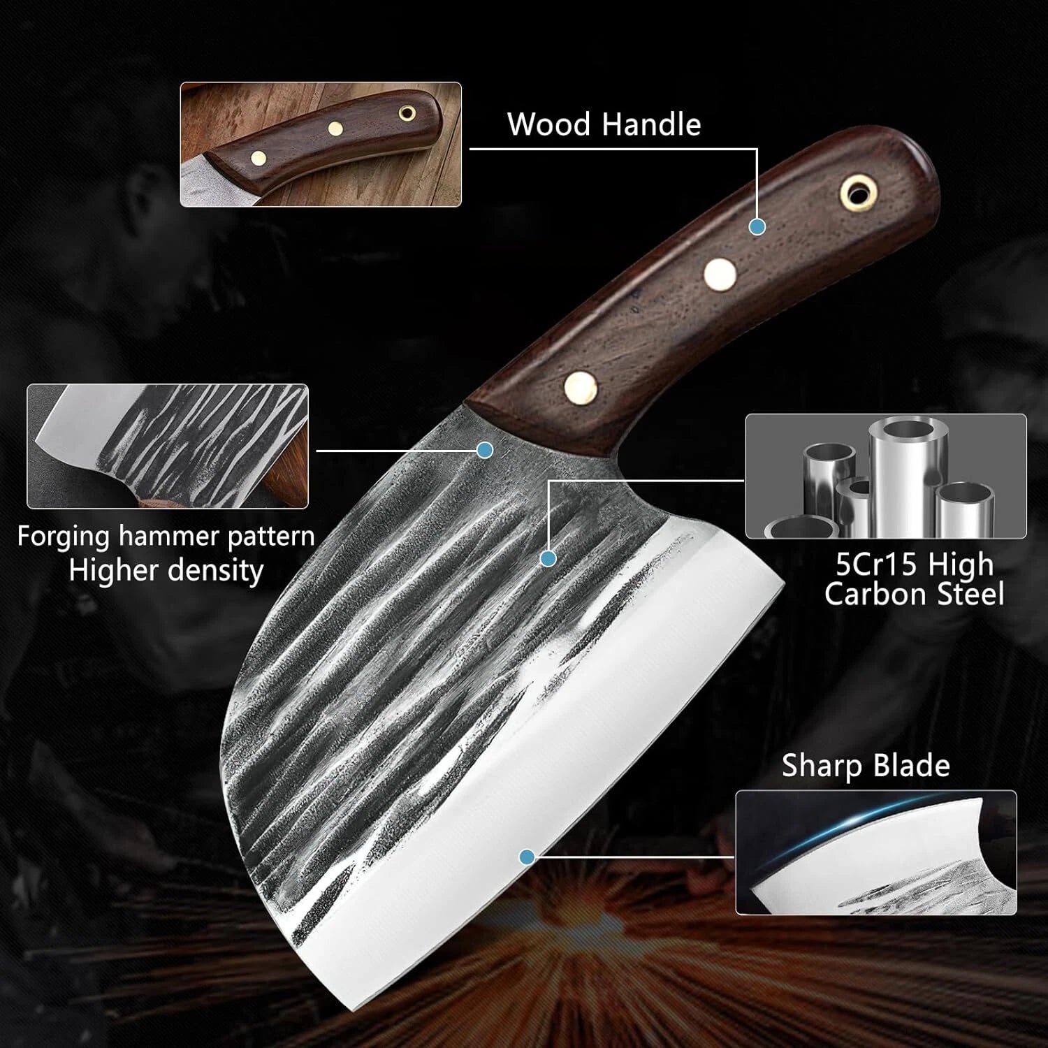 8 Pieces Butcher Knife Set with Roll Bag, Chef Knife Set for Meat Cleaver Cutting & Viking Knives with Ergonomic Handles, Stainless Steel Hand Forged Kitchen Knife Set for Home, Cooking, Camping