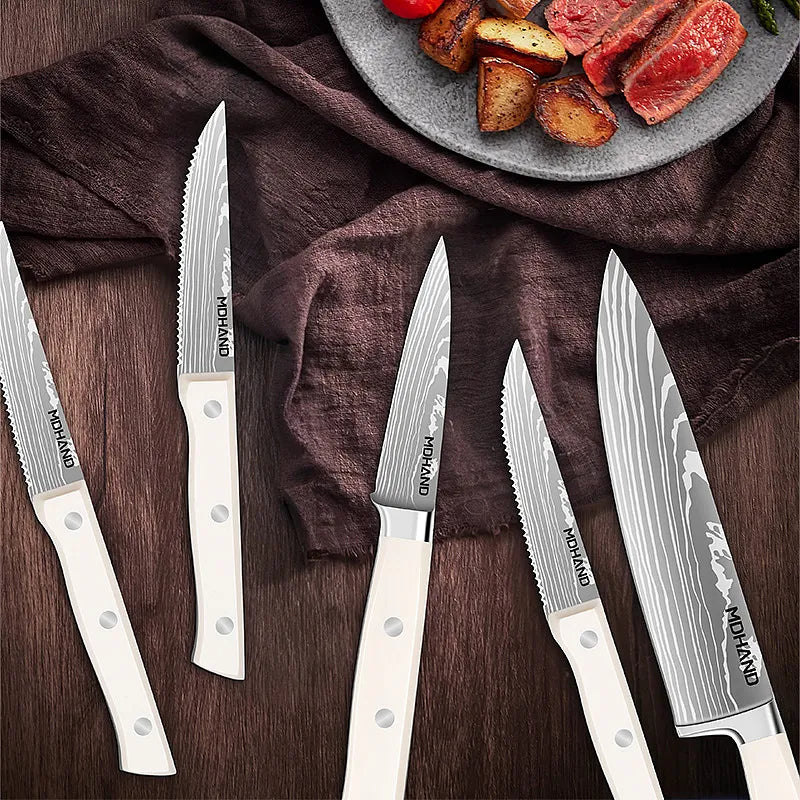 14 Piece Kitchen Knife Set White ABS Handle with Wooden Block
