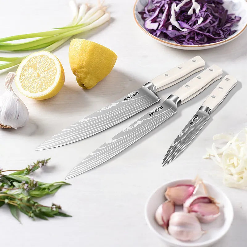 14 Piece Kitchen Knife Set White ABS Handle with Wooden Block
